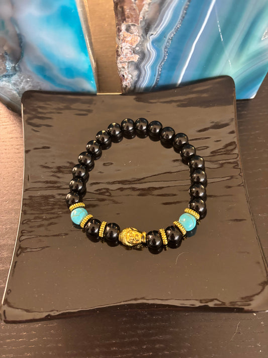 Black Onyx & Turquoise Buddha Bracelet – Grounding Energy with Spiritual Style
