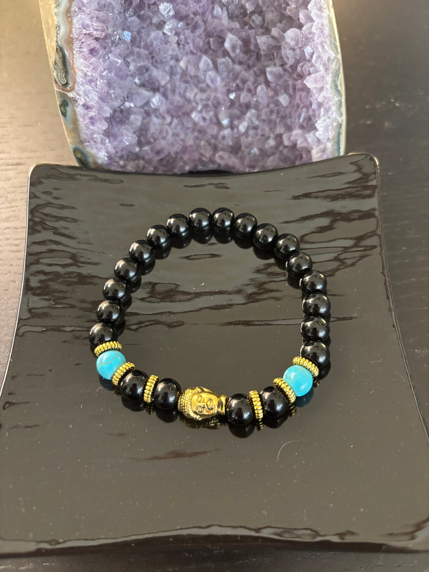 Black Onyx & Turquoise Buddha Bracelet – Grounding Energy with Spiritual Style