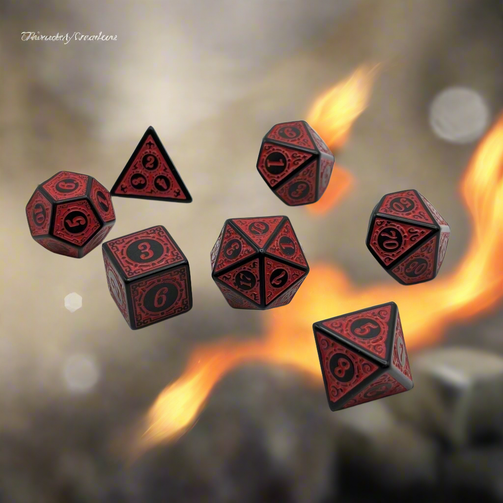 Magic Flame (Red) - "Enchanted Demon" - 7 Piece DnD Dice Set | Acrylic RPG Gaming Dice