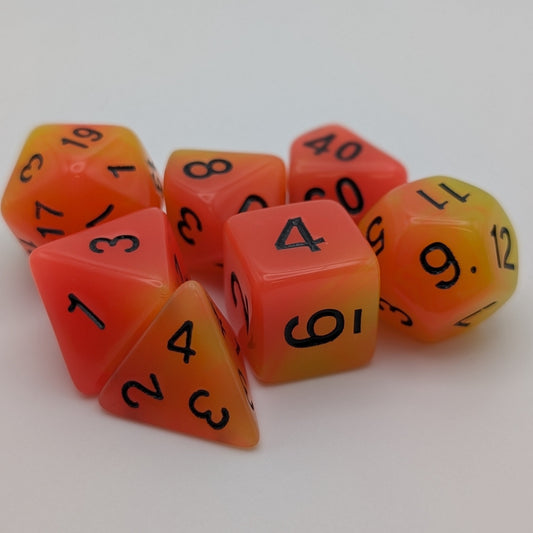 Orange and Yellow "Candlelight" - 7 Piece Glow in the Dark DnD Dice Set | Acrylic RPG Gaming Dice