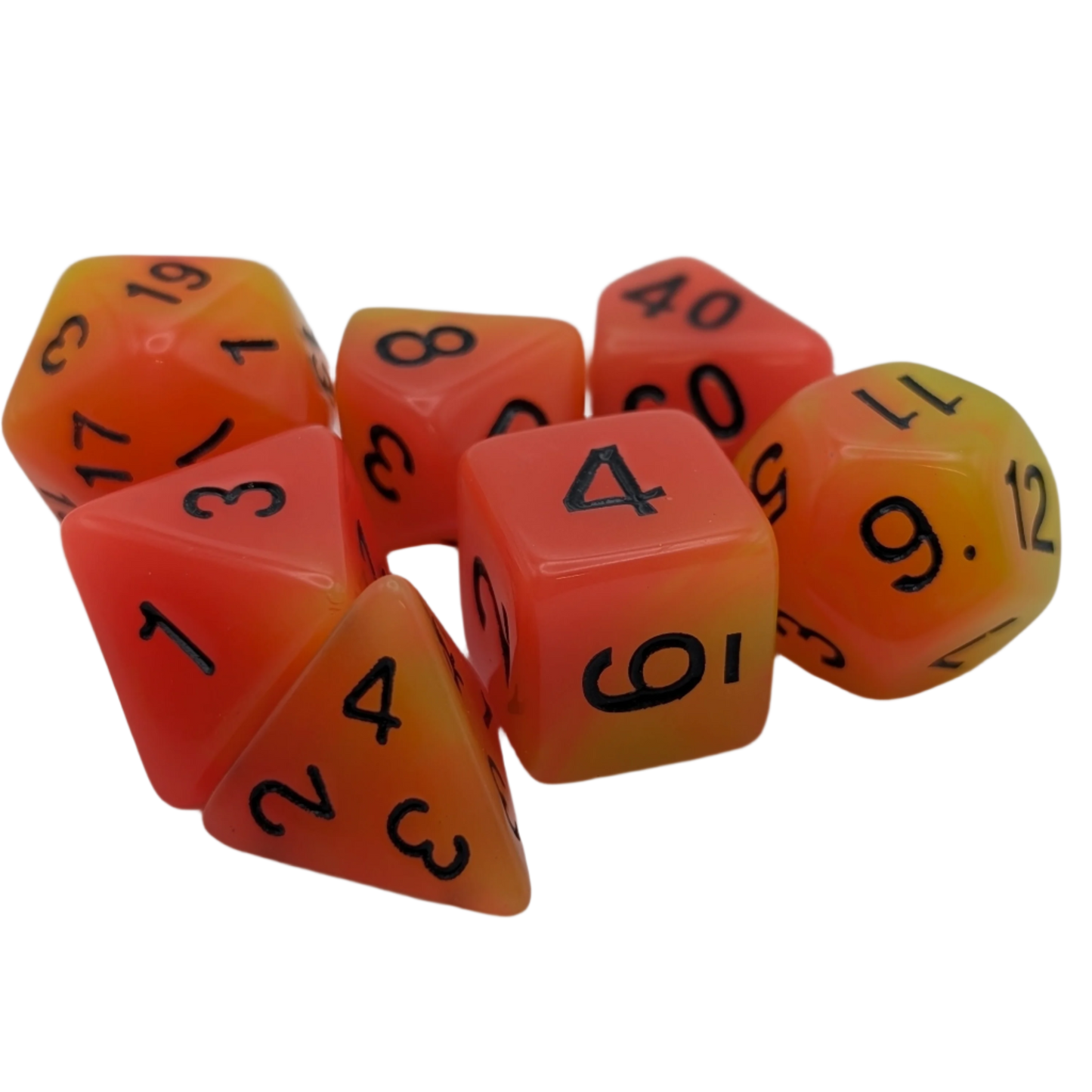Orange and Yellow "Candlelight" - 7 Piece Glow in the Dark DnD Dice Set | Acrylic RPG Gaming Dice