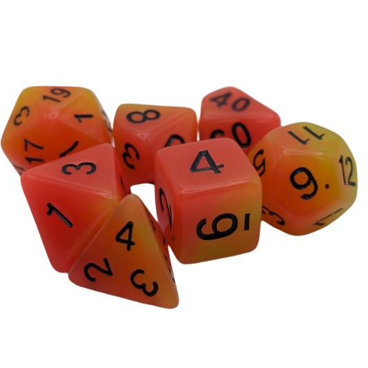 Orange and Yellow "Candlelight" - 7 Piece Glow in the Dark DnD Dice Set | Acrylic RPG Gaming Dice