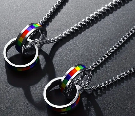 Stainless Steel Rainbow Double Ring LGBTQ Pride Necklace