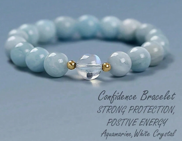 Courage - Aquamarine and White Crystal Beaded Bracelet