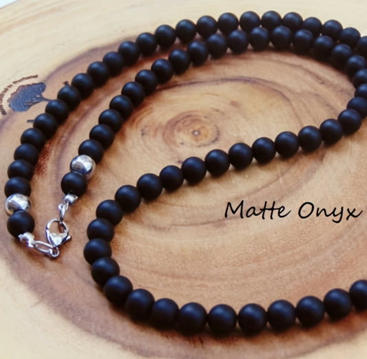 Matte Black Beaded Necklace – 8mm Beads – 27.5-Inch Length