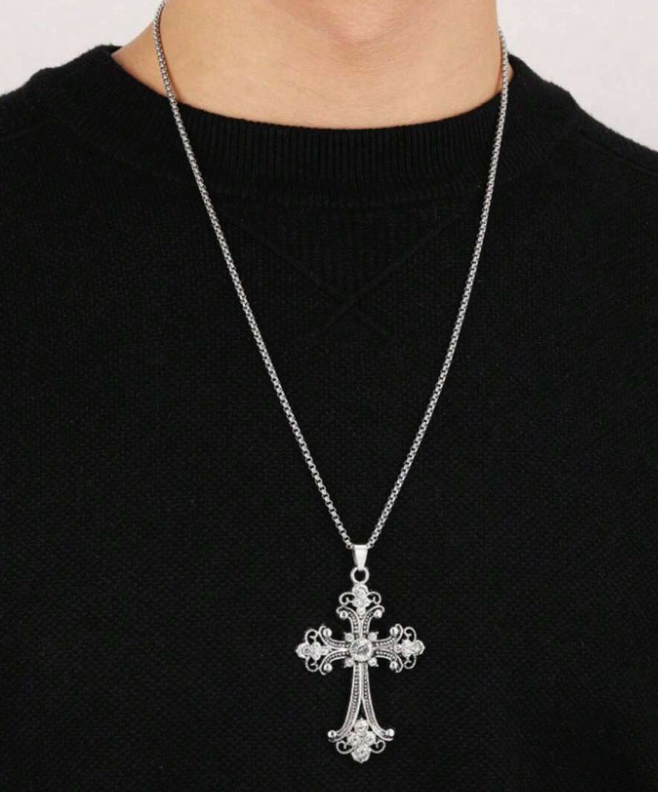 The Material Girl - Vintage Crystal Cross Pendant Necklace – Ornate Silver Tone