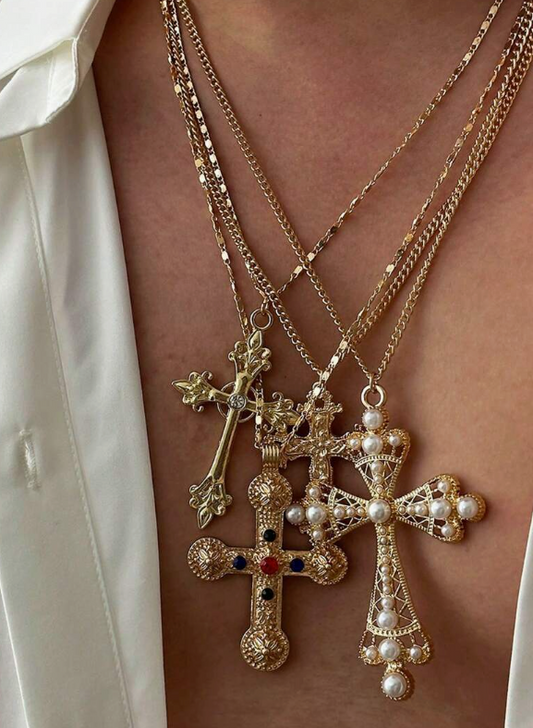 Fierce Faith Vibes: 4-Piece Gold Cross Costume Necklace Set