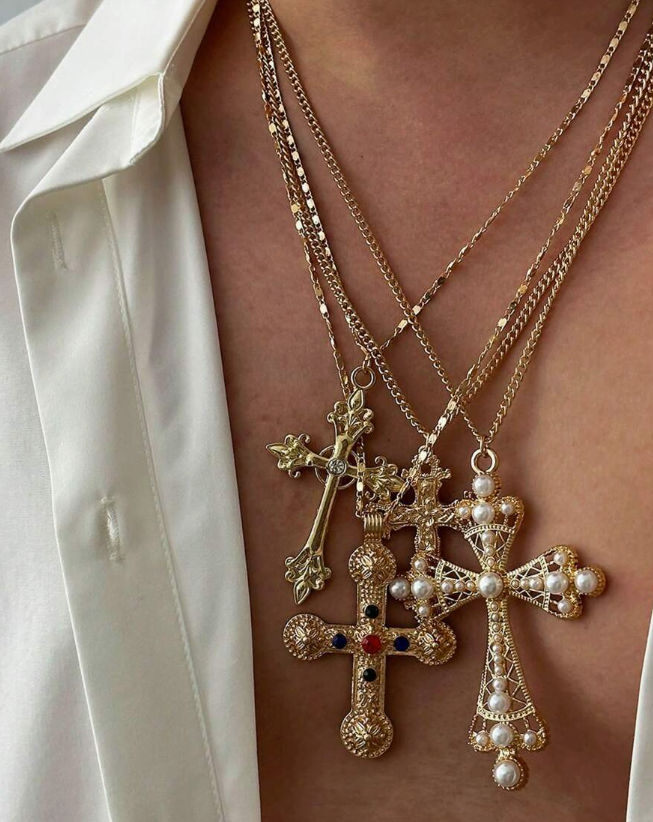 Fierce Faith Vibes: 4-Piece Gold Cross Costume Necklace Set
