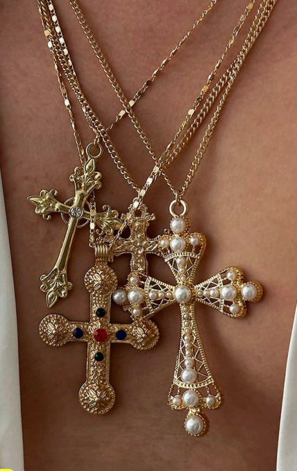 Fierce Faith Vibes: 4-Piece Gold Cross Costume Necklace Set