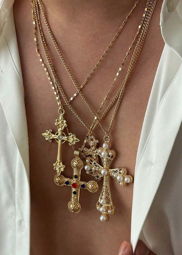 Fierce Faith Vibes: 4-Piece Gold Cross Costume Necklace Set
