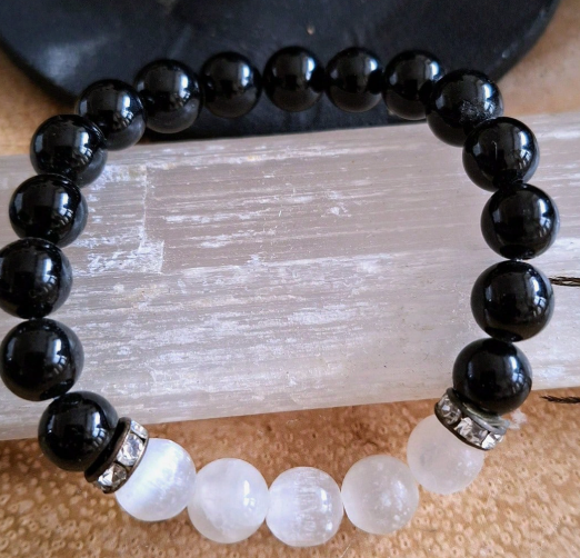 Black Tourmaline & Selenite Protection Bracelet – Energy Shield & Inner Clarity