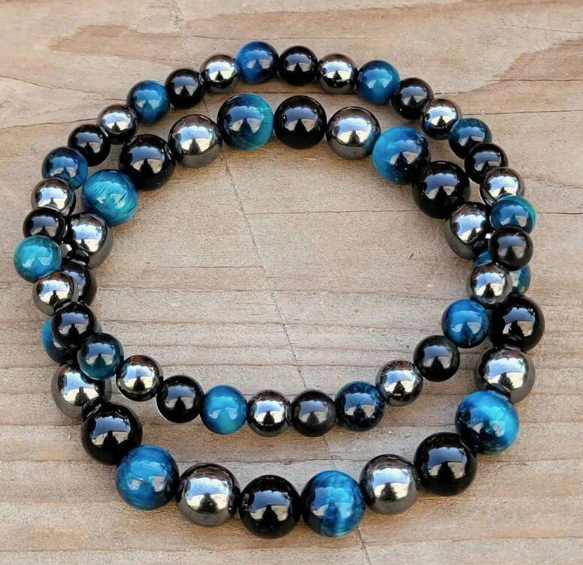 Triple Protection Bracelet - Blue Tiger Eye, Black Obsidian, Hematite