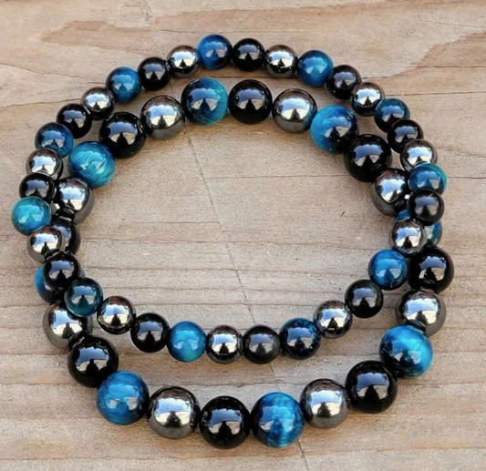 Triple Protection Bracelet - Blue Tiger Eye, Black Obsidian, Hematite