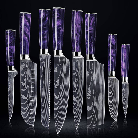 8-Piece Japanese Kitchen Knife Set with Purple Resin Handle