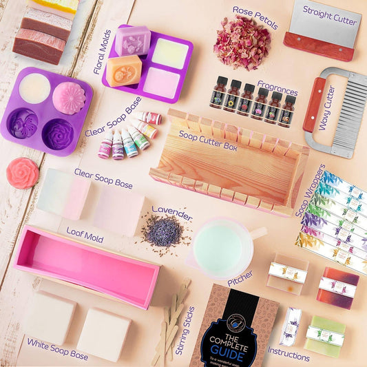 Large Soap Making Kit with Shea Butter Soap Base, Soap Cutter Box, Silicone Loaf Molds, Fragrances, Rose Petals & More
